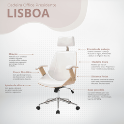 Cadeira de Escritório Ergonômica Giratória Office Lisboa Madeira Natural Rivatti Branca - 3