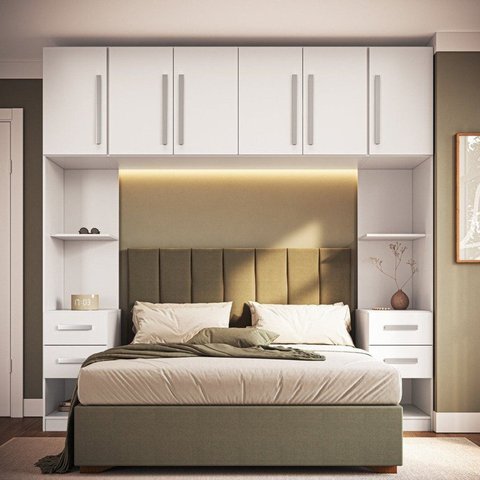 Guarda Roupa Modulado 100% MDF 3 Peças com Mesa de Cabeceiras Direita e Esquerda Aéreo 6 Portas e 4 