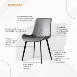 Kit 2 Cadeiras Estofadas Basic Cinza com Estilo Escandinavo e Revestimento Sintético - 6
