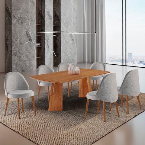 Conjunto de Mesa de Jantar Bia Tampo Barril Laminado e 6 Cadeiras Ester Marrom/Quartzo/Imbuia/Cinamomo