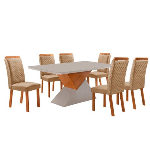 Mesa de Jantar Aster 180cm Tampo MDF Vidro Canto Copo com 6 Cadeiras Lorena