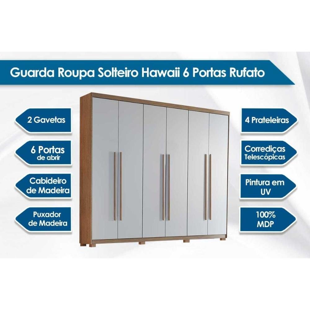 Guarda Roupa Solteiro Hawaii 6 Portas e 2 Gavetas c/ Pés Naturale/Off White - Rufato - 3