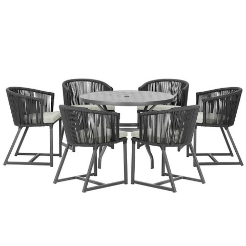 Mesa com 6 Cadeiras de Jantar Roma 120cm e Noronha em Alumínio Preto Corda Náutica Estofado 3 Trama