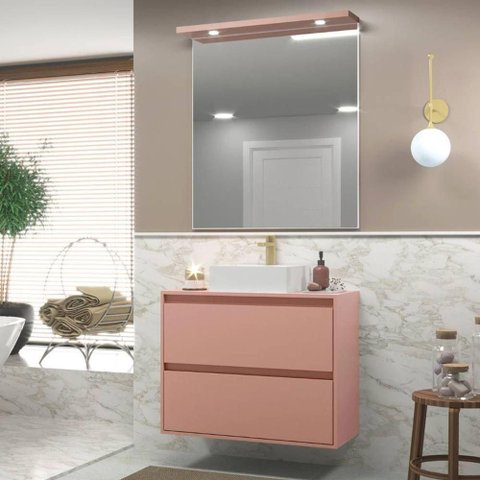 Gabinete para Banheiro com Cuba e Espelheira com Led 80cm Mdf Rosa Dubai - On Móveis