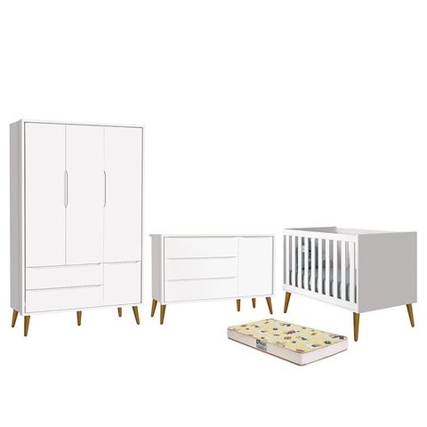 Dormitório Infantil Theo Retrô 3 Portas, Cômoda 1 Porta, Berço Branco Fosco com Pés Amadeirado e Col