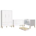 Ver imagem 1 de Dormitório Infantil Theo Retrô 3 Portas, Cômoda 1 Porta, Berço Branco Fosco com Pés Amadeirado e Col