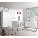 Ver imagem 2 de Dormitório Infantil Theo Retrô 3 Portas, Cômoda 1 Porta, Berço Branco Fosco com Pés Amadeirado e Col