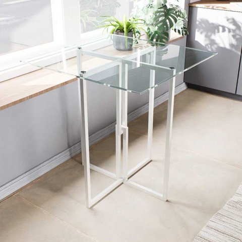 Mesa Quadrada Industrial Branca 70cm Tampo de Vidro Temperado