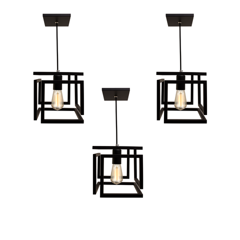 Kit 3 Pendente Infinity Poptem Cubo Aluminio Preto Luminária Lustre 20cm Sala