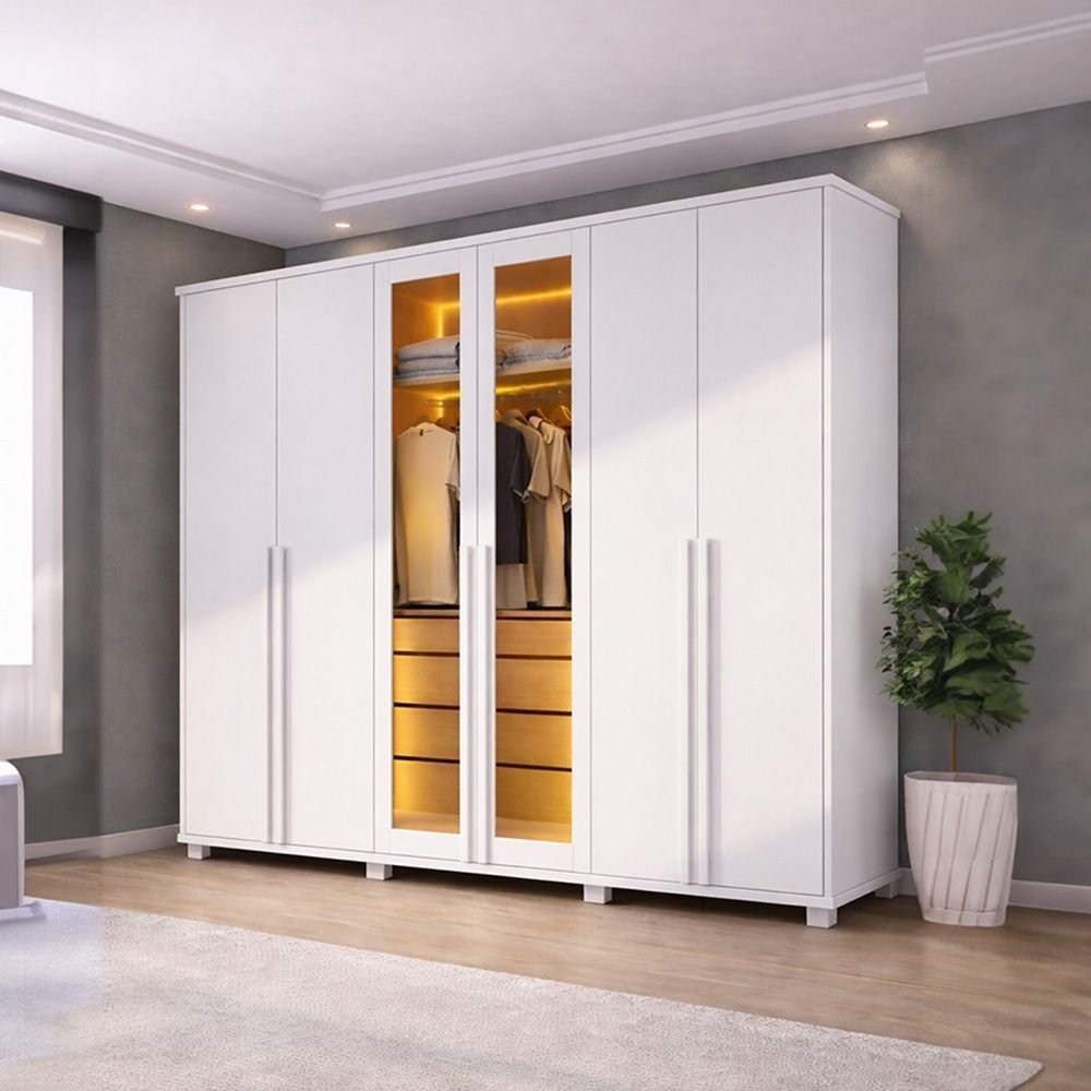 Guarda-Roupa Casal 6 Portas com LED e Vidro Reflecta 5 Gavetas