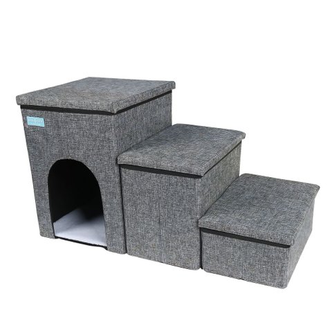 Escada Pets Cachorro Gato 3 em 1 Dobrável com Bau Casinha
