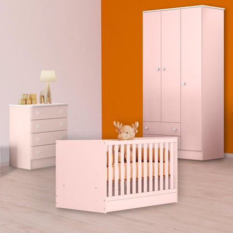 Conjunto Berço Mini Cama, Cômoda e Guarda Roupa Rosa