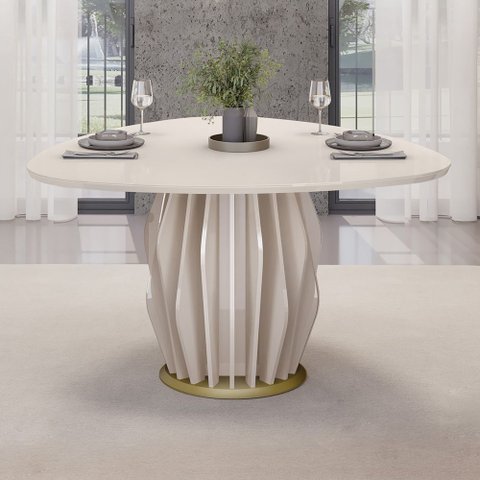 Mesa de Jantar 6 Lugares Orgânica Tampo com Vidro 136cm Merisi D05 Off White - Lyam Decor