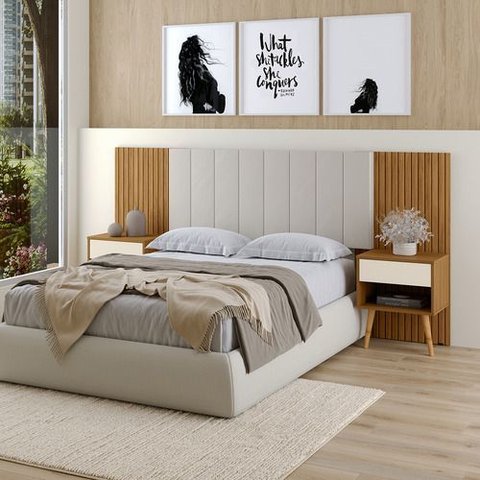 Cabeceira Box Luna Casal Queen Mesa de Cabeceira - Cedro Off White