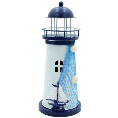 Farol Marítimo Artesanal Metal Enfeite Náutico com Leds 18cm Navio