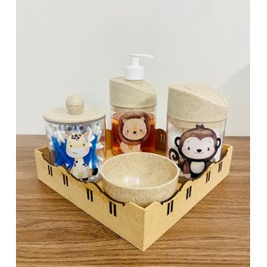 Kit Higiene Transparente Leão, Macaco e Girafa C/bandeja Quadrada Crua