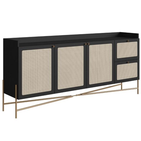 Balcão Buffet 3 Portas Oslo Artesano 183 Cm (largura) Mdp Nero Palha Sintética Bege Pé Metal