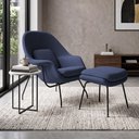 Ver imagem 1 de Poltrona Womb Chair com Puff Linho Base Preta Linha Premium Design Moderno Quarto Leitura - Azul