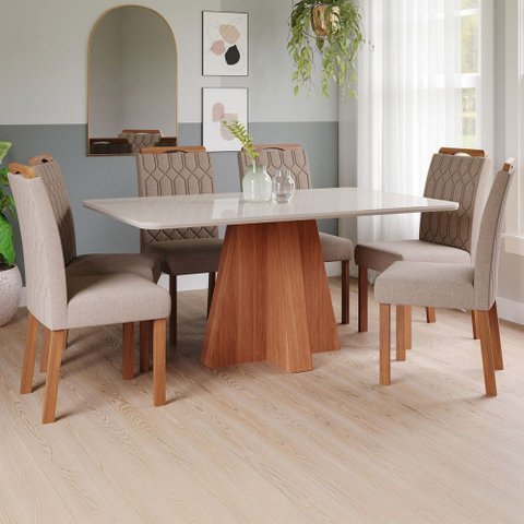 Mesa de Jantar 6 Lugares Maitê Paola com Vidro Cinamomo/off White/bege - Cimol