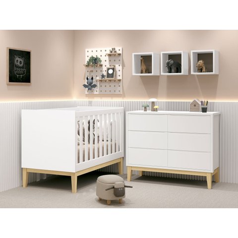 Jogo de Quarto para Bebê Classic New Branco Fosco com Natural - MoveisAqui