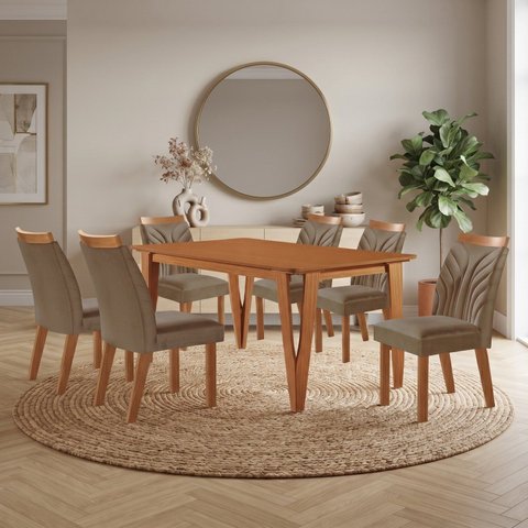 Conjunto Sala de Jantar Mesa Elos 1,60x0,80 Tampo Amadeirado 6 Cadeiras Veneza New Cinamomo Yescasa