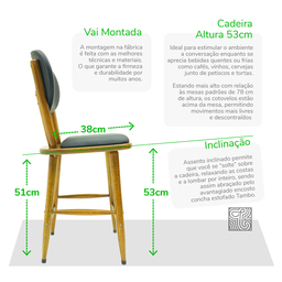 Kit 2 Cadeiras de Madeira Torneada Estofada - 53cm Preta - 6