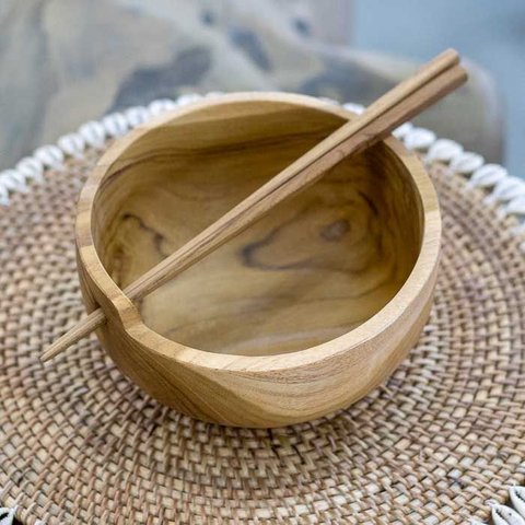 Bowl e Hashi Artesanal em Madeira Teca Importado de Bali