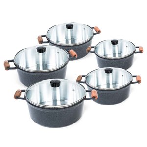 Jogo de Caçarola 5 Peças Grafite Alça Madeira Tampa Vidro Cava