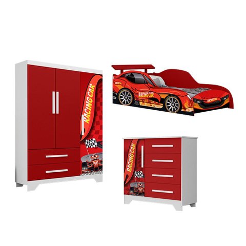 Conjunto Quarto Infantil Carros Vermelho MDF Cama Solteiro Cômoda Roupeiro Completo