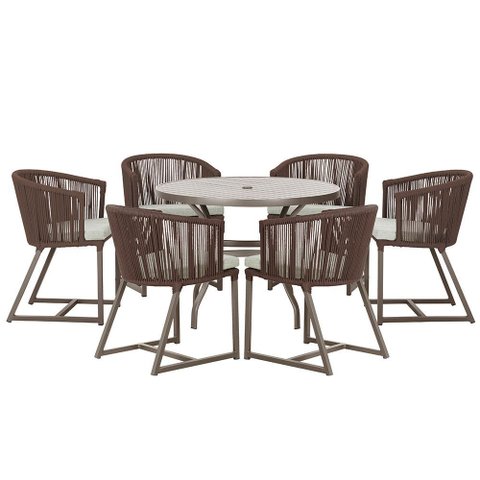 Mesa com 6 Cadeiras de Jantar Roma 120cm e Noronha em Alumínio Marrom Corda Náutica Estofado 3 Trama
