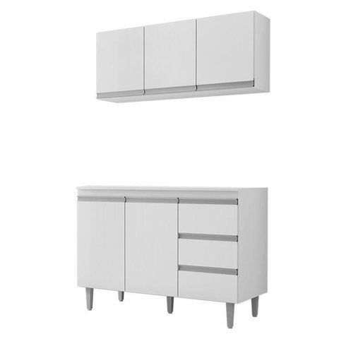 Balcão de Cozinha com Tampo 120 Cm e Armário Aéreo Andréia Branco Brilho - Ajl