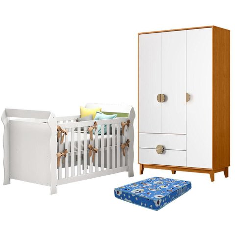 Berço Americano Lara com Colchão Ortobom com Guarda Roupa Ipê 3 Portas Branco Cinamomo-Móveis Albatr