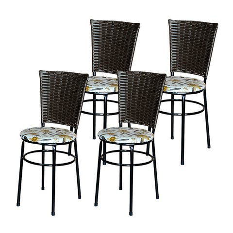 4 Cadeiras Preta para Mesa Hawai Marrom Assento Floral:floral Orquídea
