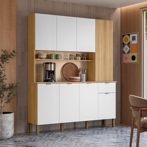 Armário de Cozinha Compacta Slow 8 Portas e 1 Gaveta em MDP Freijó/Ártico/CP-Riscatto Freijó - Kits 