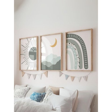 Kit 3 Quadros Infantil Céu Sol e Lua Verde Quarto Bebê Menino Menina 40x60 Moldura Madeira