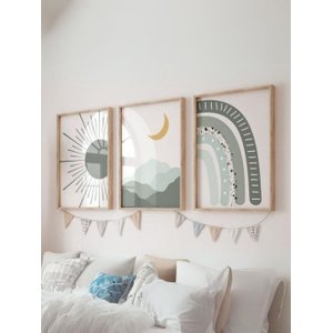 Kit 3 Quadros Decorativos Ceu Sol e Lua Verde