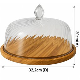 Boleira Rústica de Madeira com Cúpula Plástica 30cm Redonda Bolos Tortas - 3