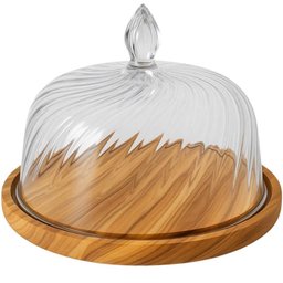 Boleira Rústica de Madeira com Cúpula Plástica 30cm Redonda Bolos Tortas - 1