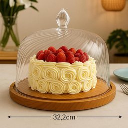 Boleira Rústica de Madeira com Cúpula Plástica 30cm Redonda Bolos Tortas - 6