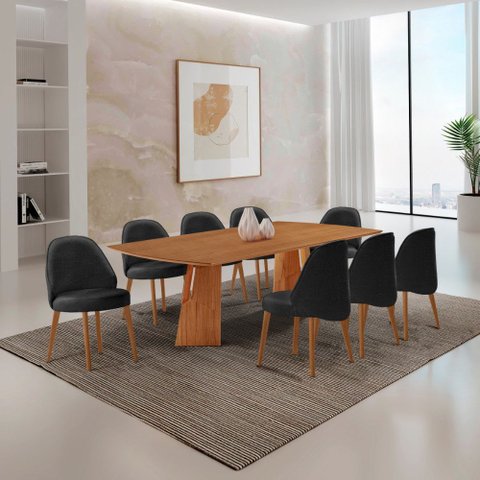 Sala de Jantar Mesa Florida 220cm Tampo Barril Laminado e 8 Cadeiras Suiça