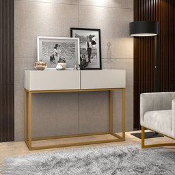 Aparador Bancada Eros 90cm Off White Brilhante Estilo Industrial 2 Gavetas Pés de Ferro Dourado - 2