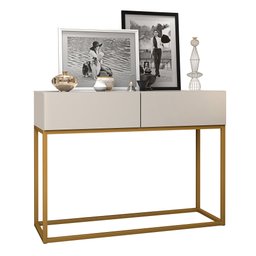 Aparador Bancada Eros 90cm Off White Brilhante Estilo Industrial 2 Gavetas Pés de Ferro Dourado - 1