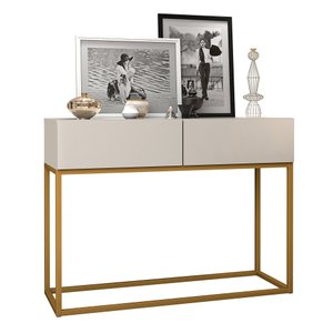 Aparador Bancada Eros 90cm Off White Brilhante Estilo Industrial 2 Gavetas Pés de Ferro Dourado