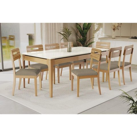 Conjunto Sala de Jantar Mira Premium Madeira Maciça C/ Tampo Madeirado C/ Vidro 200x100cm e 8