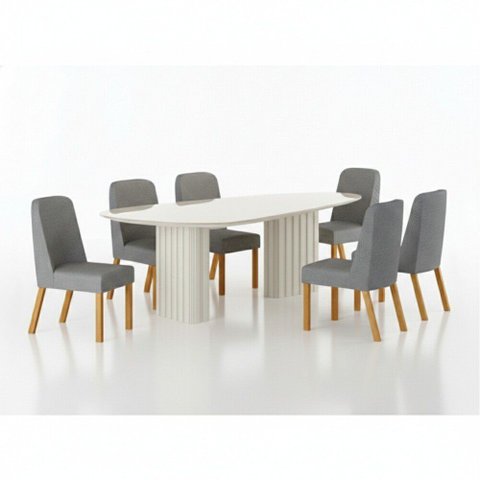 Conjunto Sala de Jantar Ísis 2,00m com 6 Cadeiras Tampo Orgânico Off White c/ Vidro Off White/Linho 