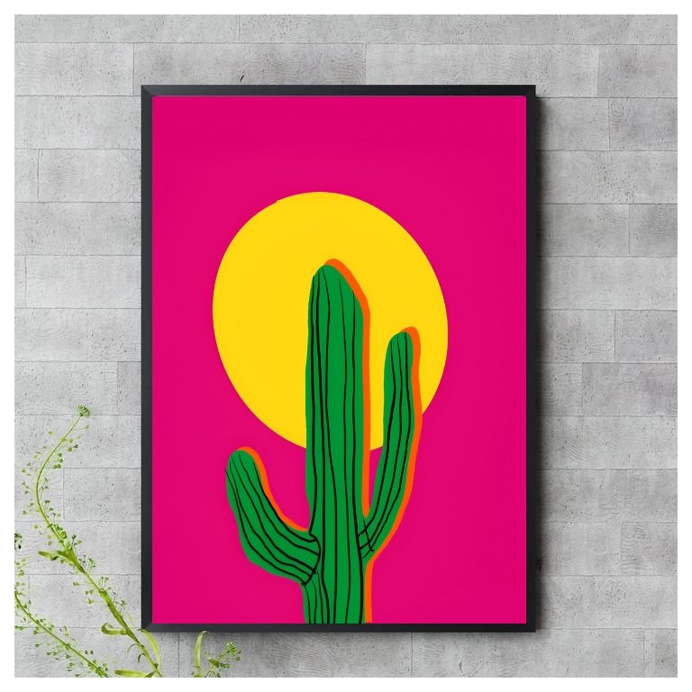 Quadro Decorativo Cacto Pink 45x34cm - com Vidro:madeira Branca