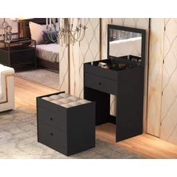 Mesa de Cabeceira Penteadeira Olívia com Banqueta e Espelho - Lv:preto - 2
