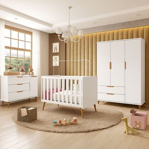 Quarto de Bebê Completo Retrô Berço 3 em 1 Cômoda Guarda Roupa Lunna