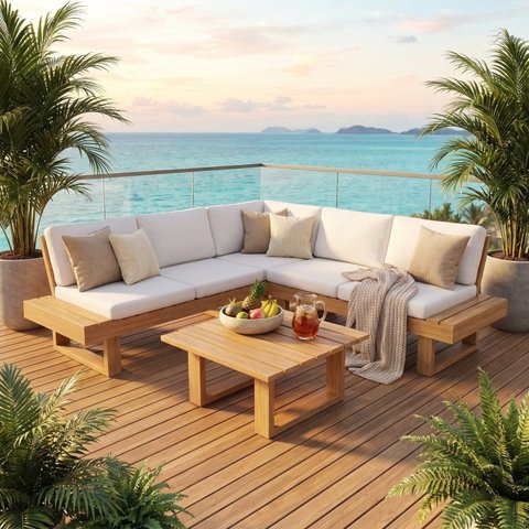 Conjunto Sofá Modular Arveni em Madeira Maciça Castanho com Mesa de Centro