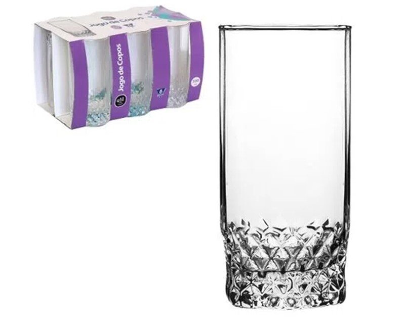 Jogo 6 Copos De Vidro 330ml Cristal Diamond Vinho Suco Água 330ml